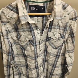American Eagle Outfitters Men's Pearl Snap Shirt - Blue, White, and Grey